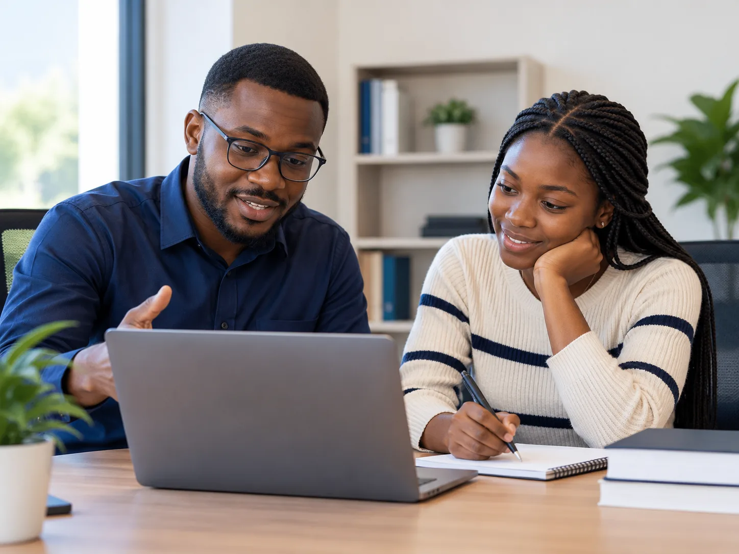 An adviser explaining something on a laptop to a student, who is taking notes