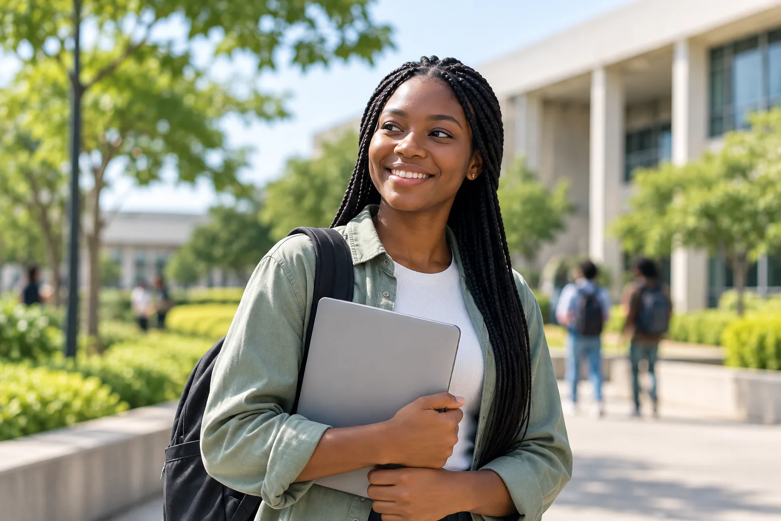 Student walking on campus with a laptop and backpack